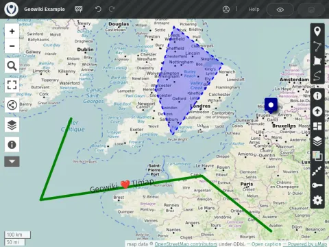 Screenshot of UMap with several map features