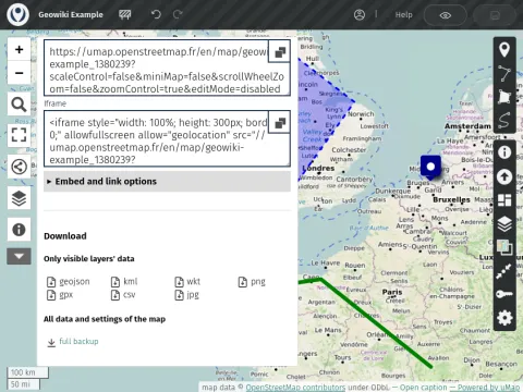Screenshot of UMap with the "Share" menu