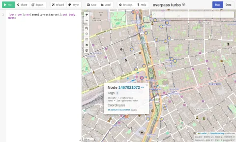 Overpass Turbo showing the result of a simple Overpass QL query, returned by Geowiki API.